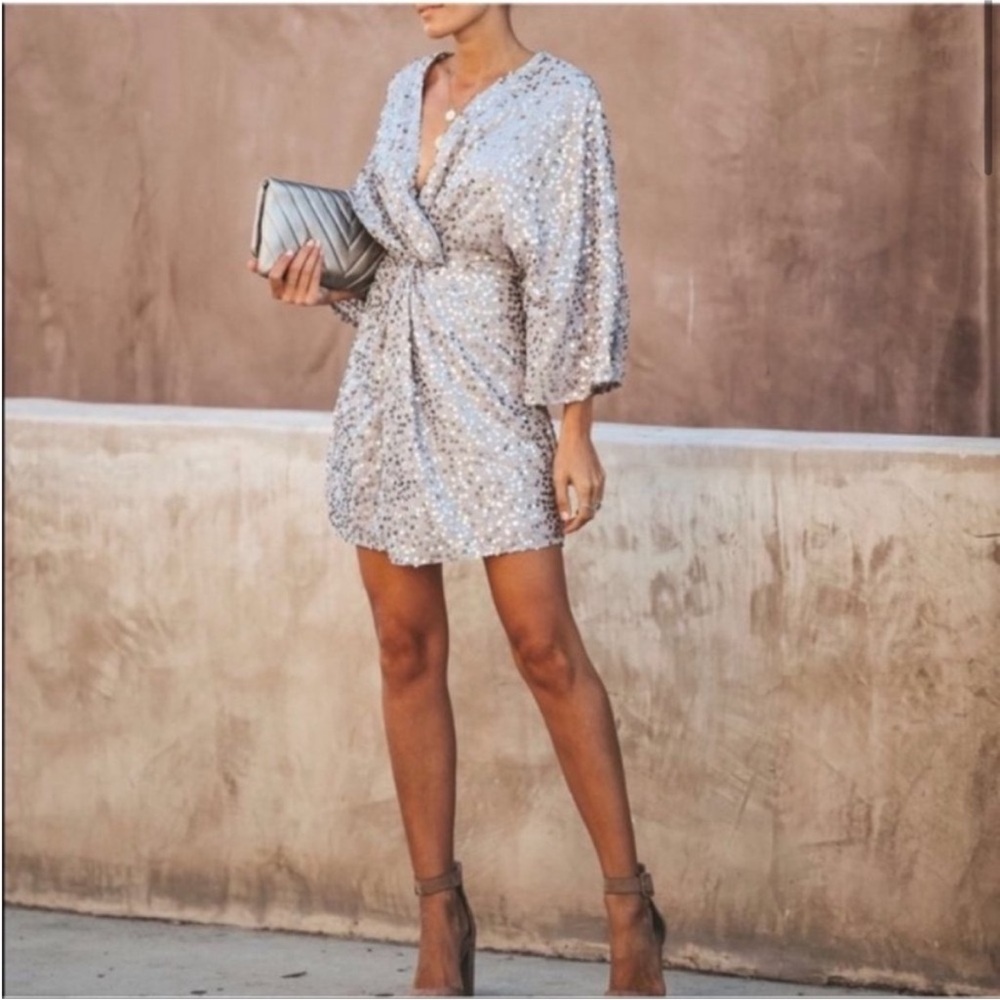 VICI Silver Sequin Wrap Mini Dress - Size Small - Sparkly Party/Cocktail Dress
